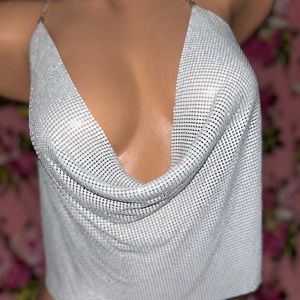 White sequin mesh metallic Crystal rhinestone halter crop top club rave chain
